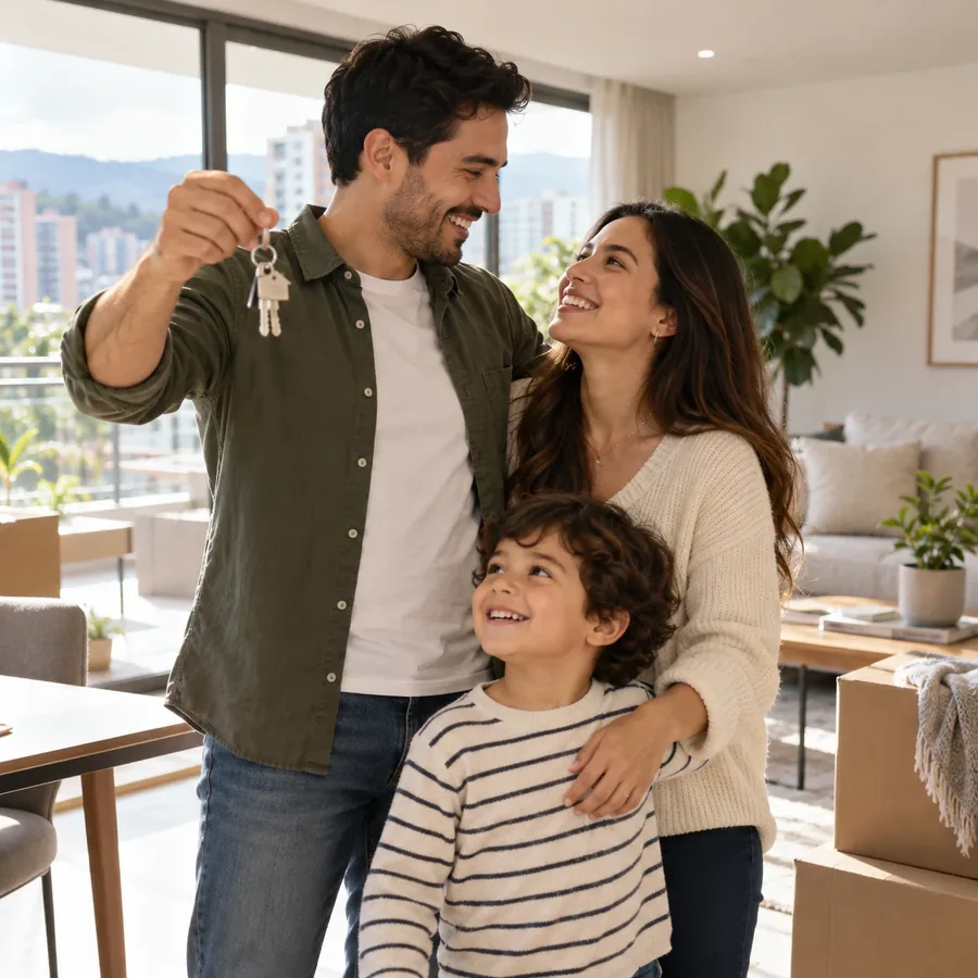 Una familia celebra con las llaves de su nuevo hogar
