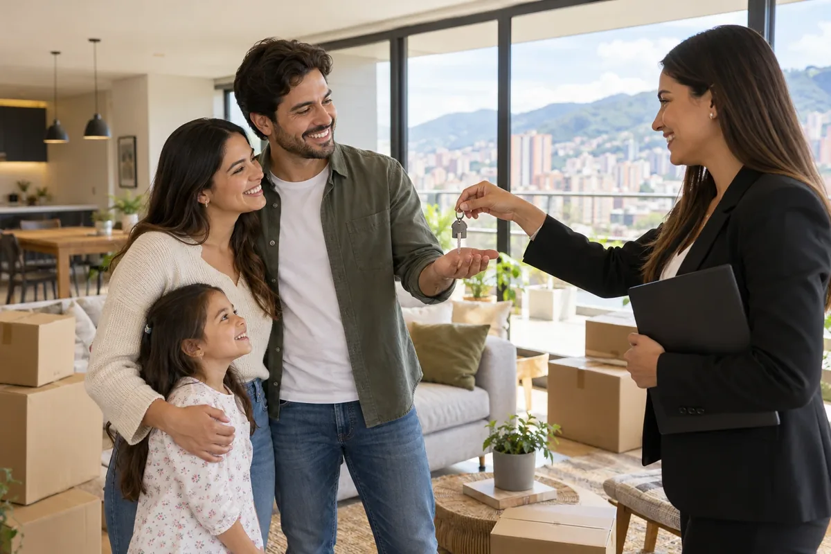Una familia recibe las llaves de su nuevo hogar de manos de una asesora inmobiliaria