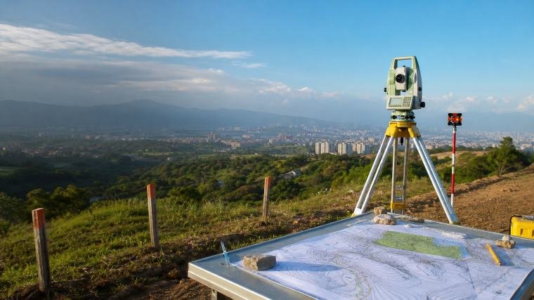 Plano topográfico y equipo de medición para levantamiento de terreno